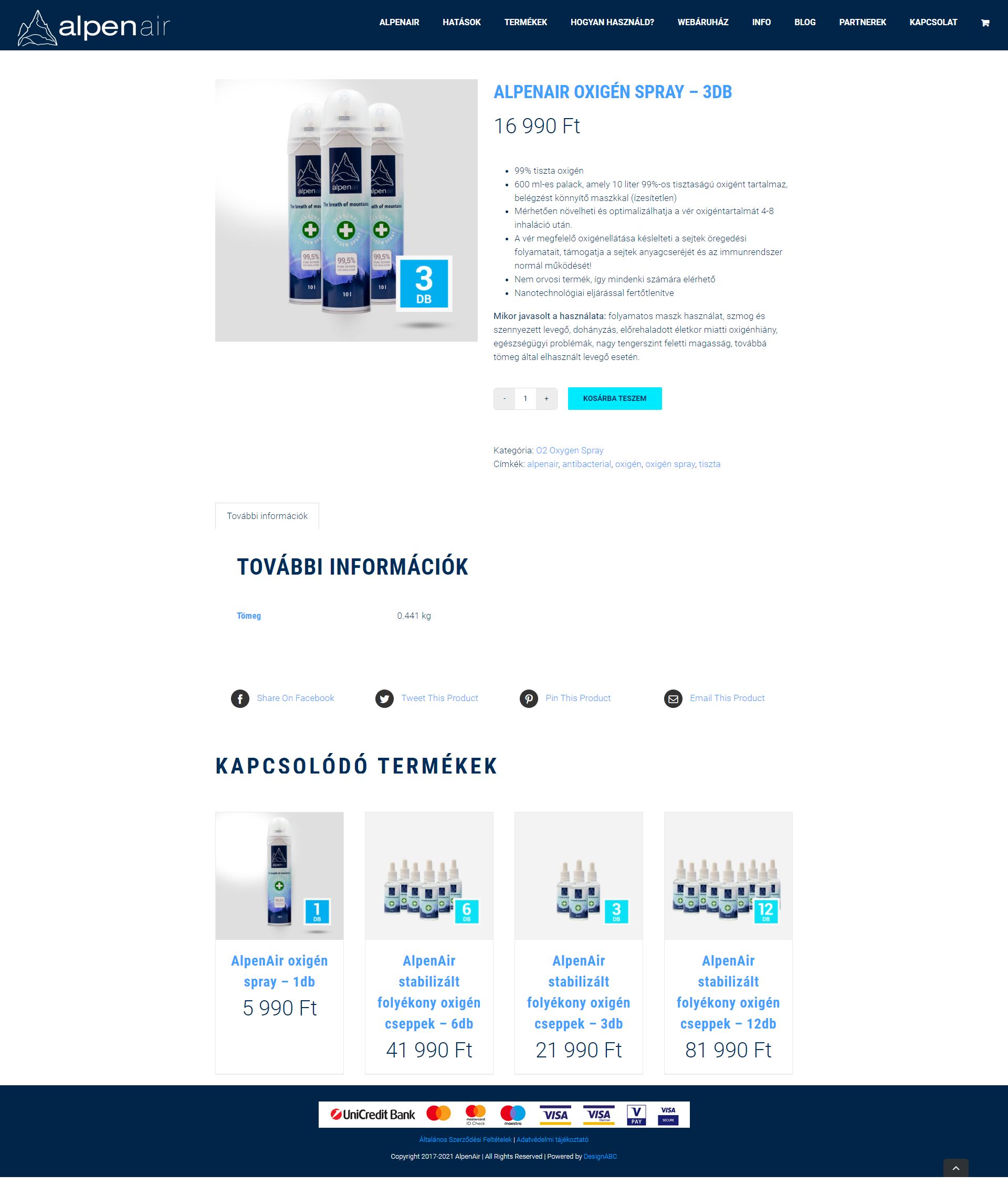 webshop újratervezés, termék aloldal design - Alpenair